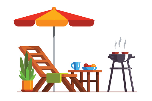 Modern backyard design exterior with lounger, table, sunshade umbrella and electric grill for barbecue. Cooking meat, grilling bbq outside. Flat style vector illustration isolated on white background.