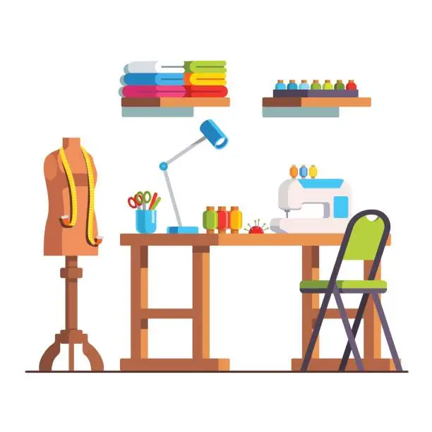 Vector illustration of Tailor workshop room with sewing machine and desk