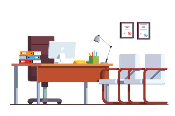 ilustrações, clipart, desenhos animados e ícones de sala de chefe de escritório com computadores na área de trabalho - secretária