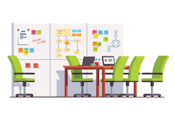 IT development company boardroom with white board IT development company boardroom interior with SCRUM wall white board, big table, chairs and laptops. Conference meeting room furniture. Business startup. Flat style vector isolated illustration. conference table stock illustrations