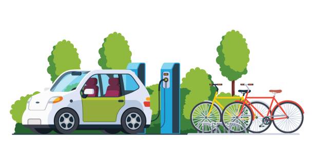 Electric car charging at refuelling power station Electric car charging outside at refuelling power station. Bikes on a bicycle parking. Modern technology and environment care concept. Flat style vector illustration isolated on white background. electrical outlet white background stock illustrations