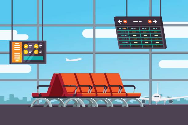 Airport waiting room or departure lounge Airport waiting room, departure lounge with chairs, information panels with departures, arrivals schedule. Terminal hall with window airfield view on airplanes. Flat style vector isolated illustration travel clipart stock illustrations
