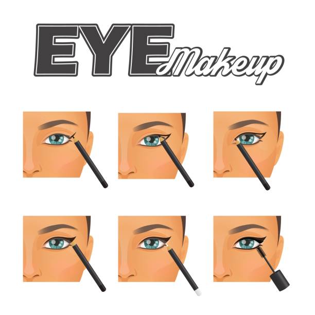 ilustraciones, imágenes clip art, dibujos animados e iconos de stock de tutorial de maquillaje delineador de ojos perfecto alados - eyeliner single line human eye sketching