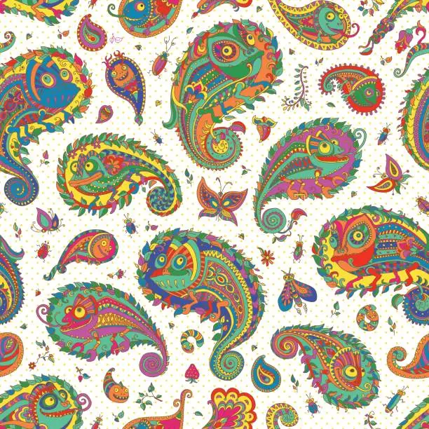 Vector illustration of Vector seamless doodle Paisley pattern. Fantastic colorful chameleon silhouette, flower, branch, leaves, butterfly, bug, insect. Yellow polka dot on white.Funny wallpaper, textile print, batik paint