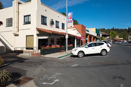 Orinda, California, United States - July 15, 2016:  Cars are parked along a road in downtown Orinda, California, July 15, 2016