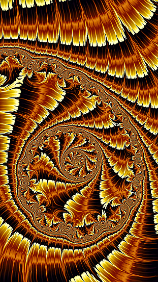 Spiral ornament - abstract computer-generated image. Fractal art: striped helix pattern. Orange and yellow lines and curls. For prints, covers, web design.