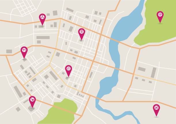 Vector city map Vector flat abstract city map, with pin pointers and infrastructure icons city map stock illustrations