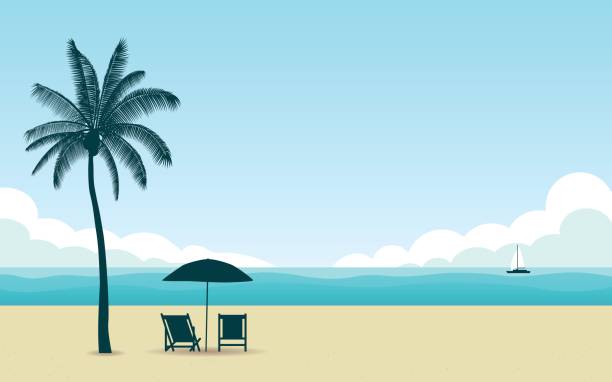 silhouette-palme und regenschirm mit stuhl am strand zu mittag mit blau himmel in flachen icon design-hintergrund - strandschirm stock-grafiken, -clipart, -cartoons und -symbole