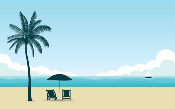 illustrazioni stock, clip art, cartoni animati e icone di tendenza di silhouette palma e ombrellone con sedia sulla spiaggia a mezzogiorno con cielo di colore blu in sfondo icona piatta - outdoor chair