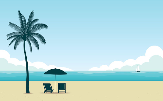 Silhouette palm tree and umbrella with chair on beach at noon with blue color sky in flat icon design background