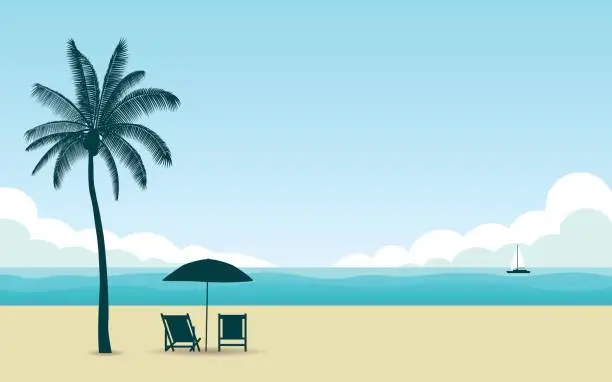 Vector illustration of Silhouette palm tree and umbrella with chair on beach at noon with blue color sky in flat icon design background
