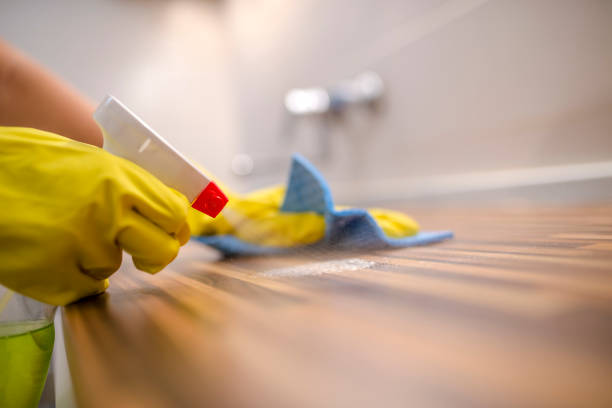 istock Woman Using Spray Cleaner On Wooden Surface 831711882