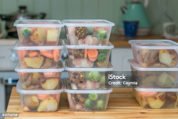 Meal Prep Stack Of Home Cooked Roast Dinners Stock Photo - Download Image Now - Preparing Food, Container, Meal