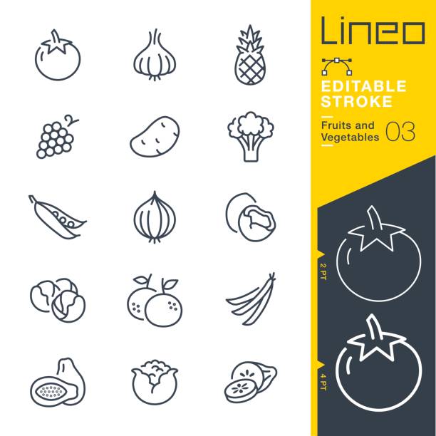 ilustraciones, imágenes clip art, dibujos animados e iconos de stock de línea de trazo editable lineo - frutas y verduras los iconos - symbol vegetable food computer icon