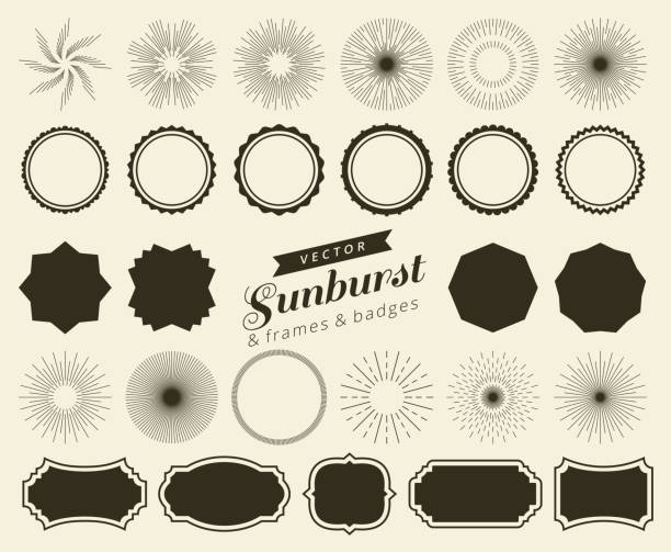 ilustrações, clipart, desenhos animados e ícones de coleção de sunburst retrô de mão desenhada, elementos de design de raios estourando. quadros, emblemas - galáxia starburst