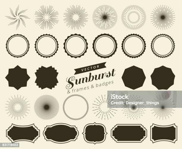 Collection Of Hand Drawn Retro Sunburst Bursting Rays Design Elements Frames Badges Stock Illustration - Download Image Now