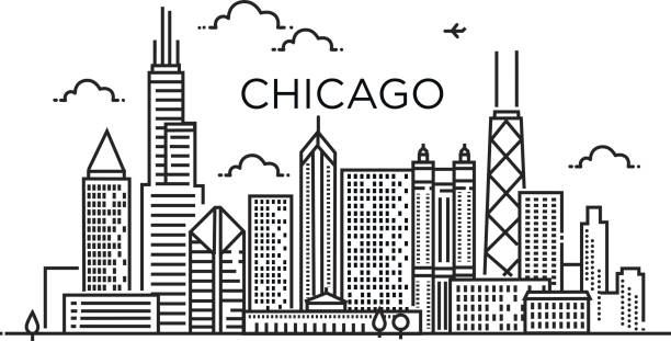 lineare banner der stadt chicago. strichzeichnungen. - line art urban scene city building exterior stock-grafiken, -clipart, -cartoons und -symbole