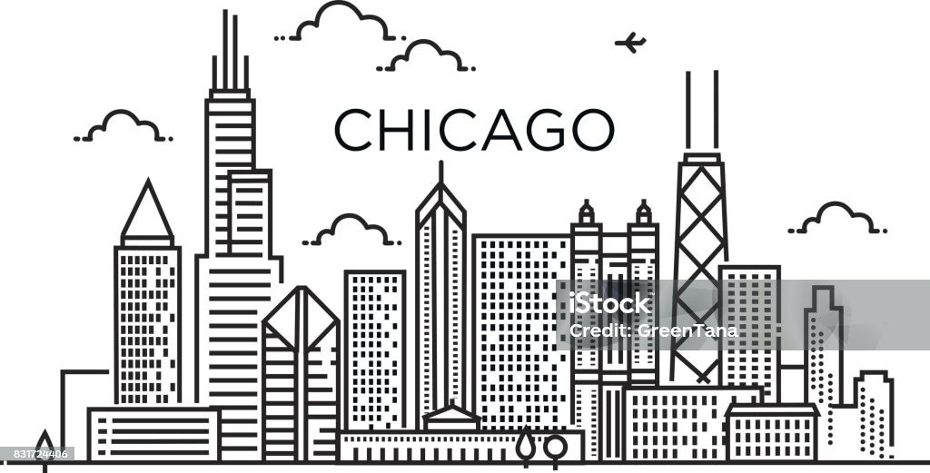 Bannière linéaire de la ville de Chicago. Dessin au trait. - clipart vectoriel de Chicago - Illinois libre de droits