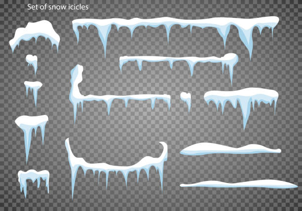 Set of snow icicles, snow cap isolated. Snowy elements on winter background. Set of snow icicles, snow cap isolated. Snowy elements on winter background. Vector template in cartoon style mountain borders stock illustrations