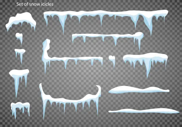 Vector illustration of Set of snow icicles, snow cap isolated. Snowy elements on winter background.