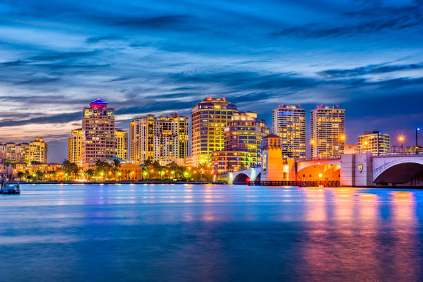 West Palm Beach Florida West Palm Beach, Florida, USA downtown skyline on the waterway. west palm beach stock pictures, royalty-free photos & images