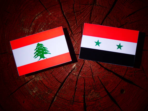 分離された木の切り株にシリアの旗のレバノンの旗 - lebanese flag ストックフォトと画像