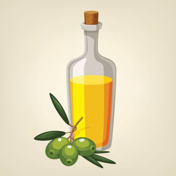 Vector bottle of olive oil with a branch of green olives. Cartoon style icon. Restaurant menu illustration. Vector bottle of olive oil with a branch of green olives. Cartoon style icon. Restaurant menu illustration. olive oil pouring antioxidant liquid stock illustrations