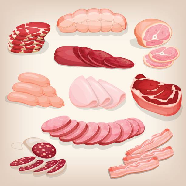 illustrazioni stock, clip art, cartoni animati e icone di tendenza di collezione di vari deliziosi prodotti a base di carne. set di diverse carni di macelleria tra cui salame, prosciutto, peperoni, prosciutto, pancetta e salsicce. icona dello stile cartone animato. illustrazione del menu del ristorante. - steak meat raw beef