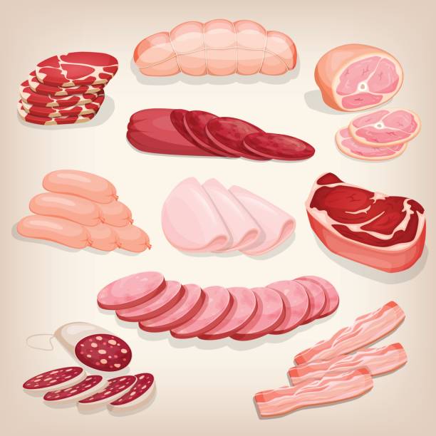 Collection of various delicious meat products. Set of different butchery meat including salami, prosciutto, pepperoni, ham, bacon and sausages. Cartoon style icon. Restaurant menu illustration. Collection of various delicious meat products. Set of different butchery meat including salami, prosciutto, pepperoni, ham, bacon and sausages. Cartoon style icon. Restaurant menu illustration. bacon illustrations stock illustrations