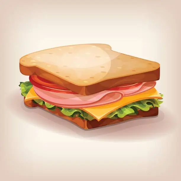 Vector illustration of Vector design of delicious sandwich with fresh lettuce, tomato, cheese and ham. Cartoon style icon. Restaurant menu illustration.
