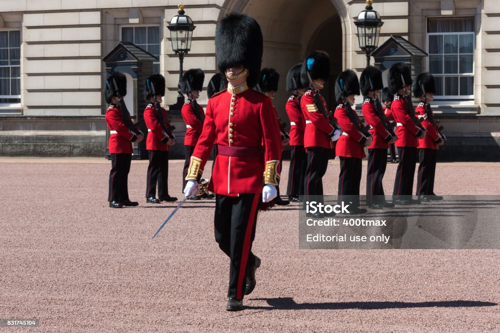 The Queens Guard London: The Coldstream Guard preforming the iconic Changing of the Guards Ceremony early in the day at Buckingham Palace. Armed Forces Stock Photo