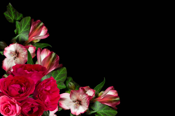 istock Frame of roses and rhododendron  flowers on a black background with space for text. 831745690