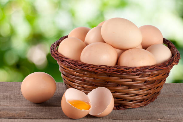 istock eggs in a wicker basket on a wooden board with blurred garden background 831748344