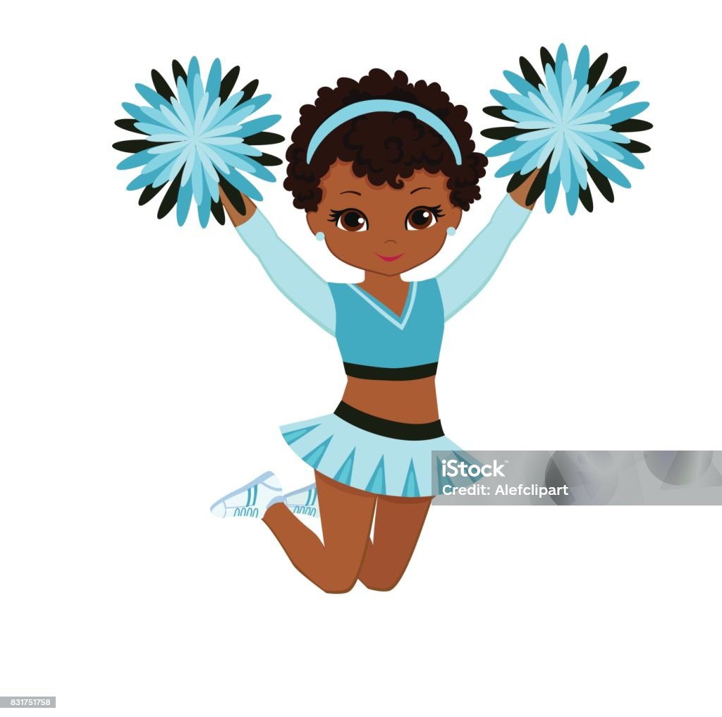 Cheerleader in turquoise uniform with Pom Poms. Vector illustration isolated on white background. African-American Culture stock vector