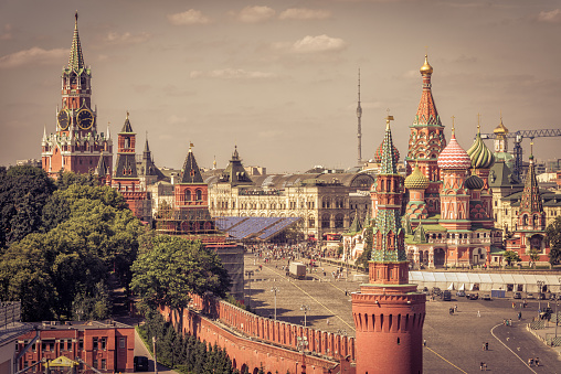 Kremlin and Saint Basil`s Cathedral in the Red Square in Moscow, Russia. The Red Square is the main tourist attraction of Moscow.