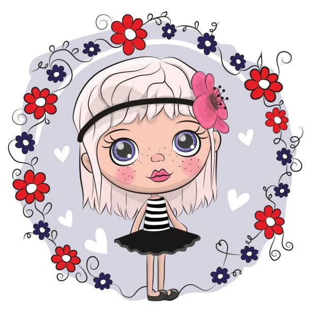 ilustrações de stock, clip art, desenhos animados e ícones de cute cartoon girl and flowers - butterfly single flower vector illustration and painting