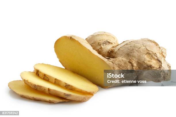 Sliced Ginger Root Isolated On White Stock Photo - Download Image Now - Ginger - Spice, Cut Out, Chopped Food