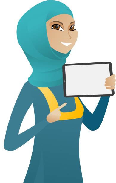 ilustrações de stock, clip art, desenhos animados e ícones de muslim business woman holding tablet computer - young women computer digital tablet white background