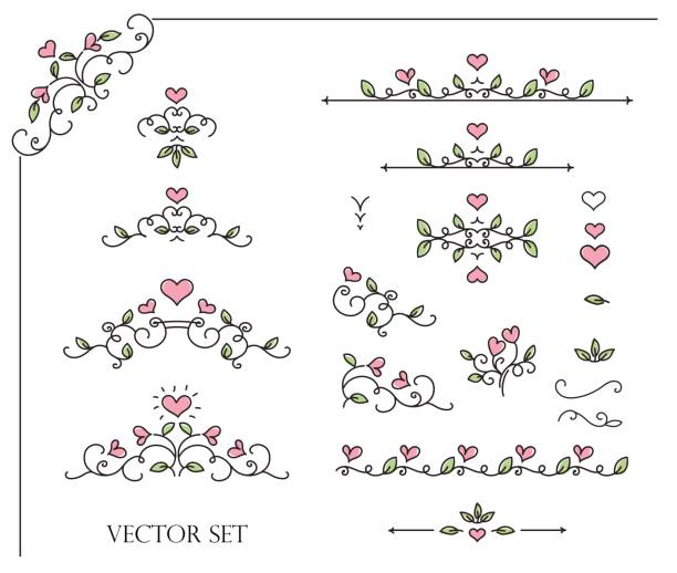 ilustrações de stock, clip art, desenhos animados e ícones de romantic frames and scroll elements. floral linear border design elements. - heart shape rococo style scroll shape valentines day