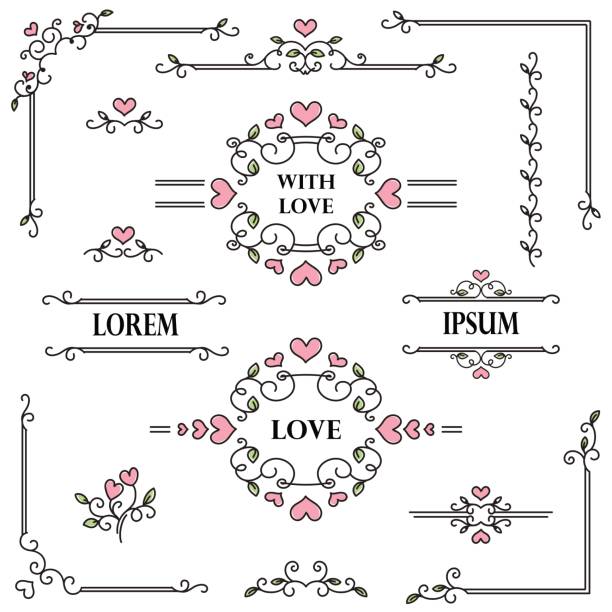 ilustrações de stock, clip art, desenhos animados e ícones de romantic frames and scroll elements. floral linear border design elements. - heart shape rococo style scroll shape valentines day