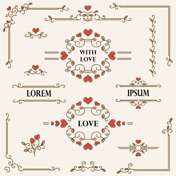 ilustrações de stock, clip art, desenhos animados e ícones de romantic frames and scroll elements. floral linear border design elements. - heart shape rococo style scroll shape valentines day