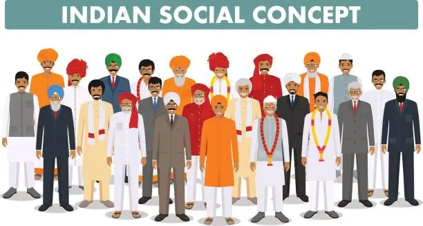 Vector illustration of Family and social concept. Group young and senior indian people standing together in different traditional clothes on white background in flat style. Vector illustration.