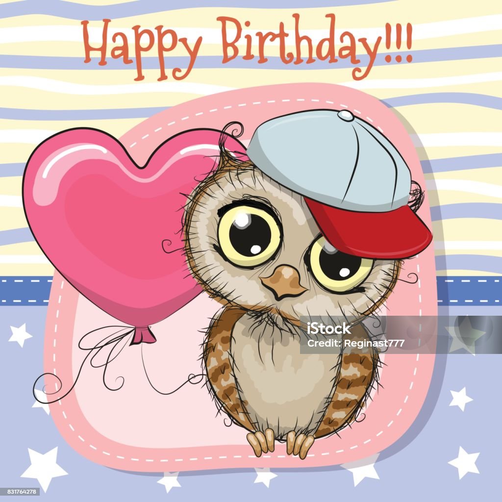 Cute Cartoon Owl with balloon Greeting card Cute Cartoon Owl with balloon Owl stock vector