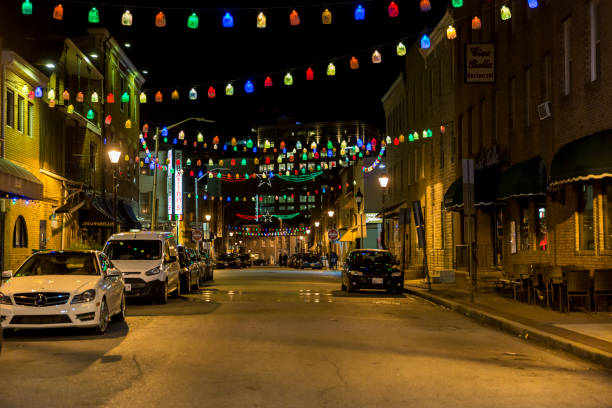 Baltimore Maryland's Little Italy, Colorful Street At Night stock photo