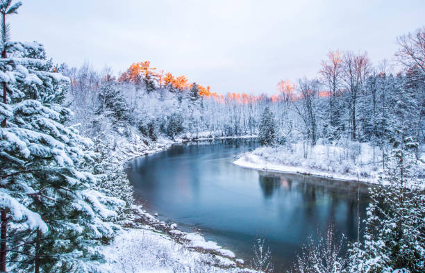 Winter Wonderland Sunrise on the Au Sable River michigan photos stock pictures, royalty-free photos & images