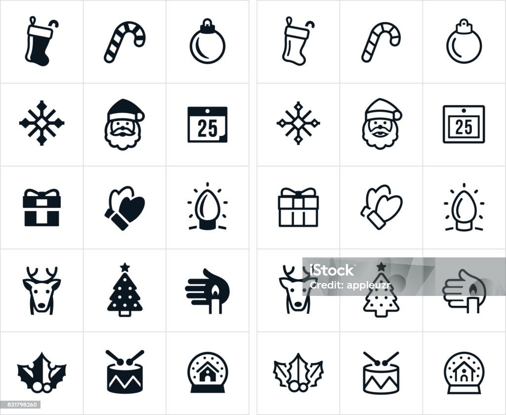 Christmas Icons An icon set of both filled and outlined Christmas icons. The icons include santa claus, stocking, candycane, ornament, snowflake, calendar, gift, mittens, Christmas lights, reindeer, Christmas Tree, candle, holly, drum and snow globe to name a few. Icon Symbol stock vector