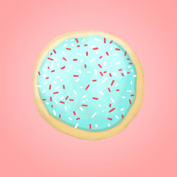 Sugar Cookie A sugar cookie with blue frosting and red and white sprinkles on a pink background. round sugar cookie stock illustrations