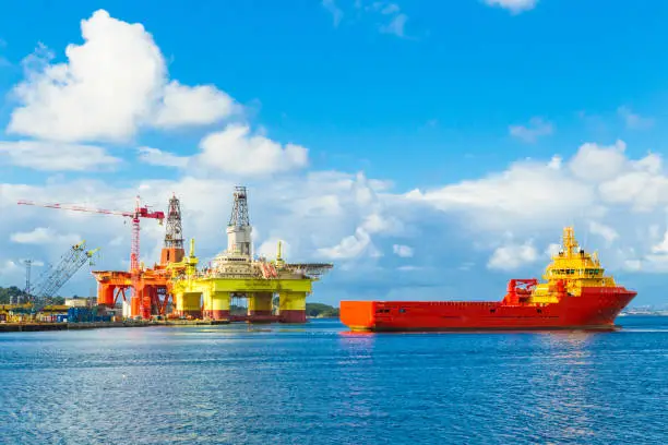 Photo of Oil rigs under maintenance near Bergen, Norway.