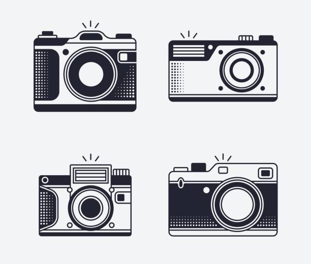 Camera Icons and Symbols Camera retro icons and symbols. photographic film camera stock illustrations