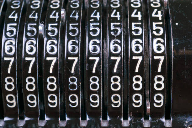 istock Old rusty retro calculator black standing on a wooden table 831821400